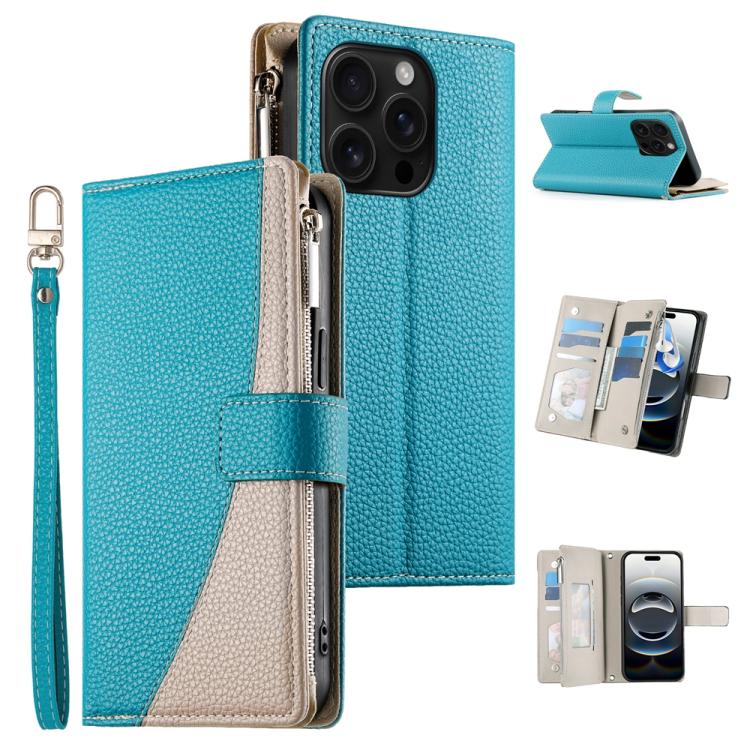 

For iPhone 16 Pro Stitching Multi-card Zipper Wallet Leather Phone Case with Short Strap(Blue)