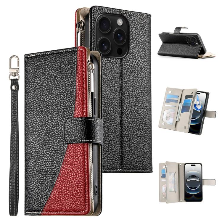 

For iPhone 16 Pro Stitching Multi-card Zipper Wallet Leather Phone Case with Short Strap(Black)