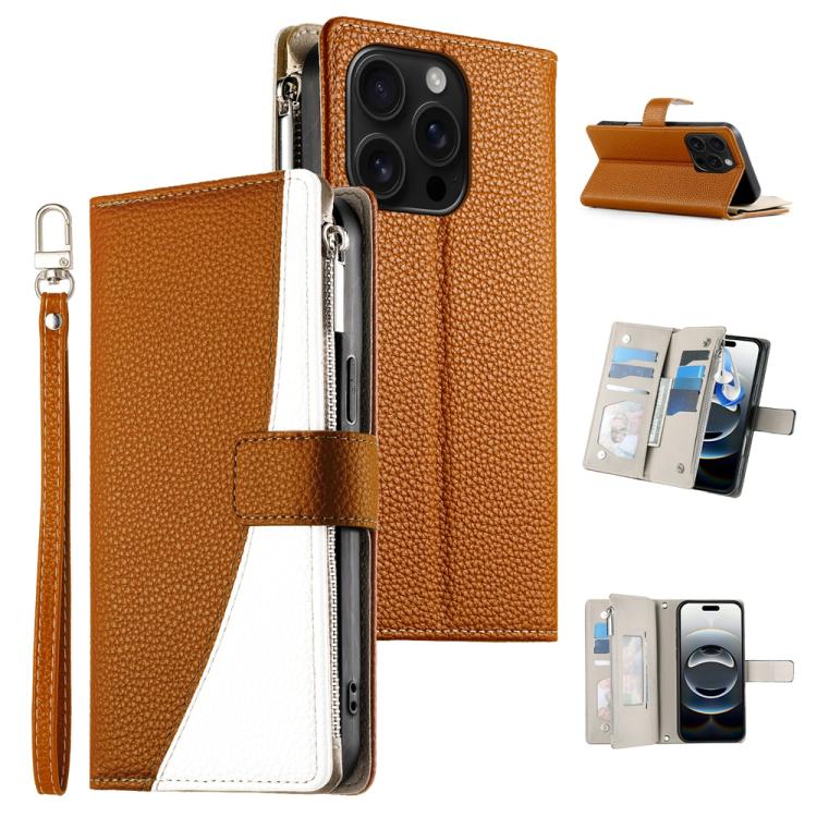 

For iPhone 16 Pro Stitching Multi-card Zipper Wallet Leather Phone Case with Short Strap(Brown)