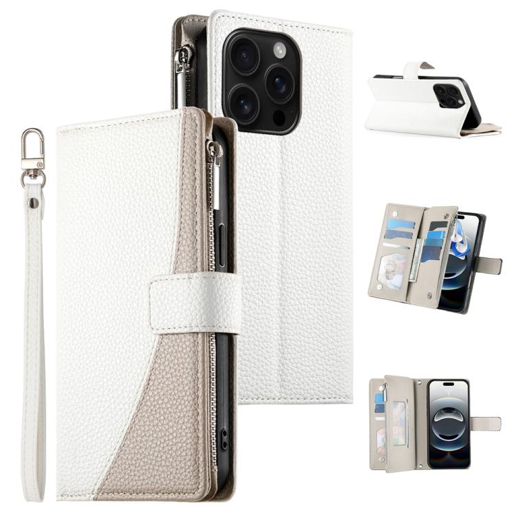 

For iPhone 16 Pro Stitching Multi-card Zipper Wallet Leather Phone Case with Short Strap(White)