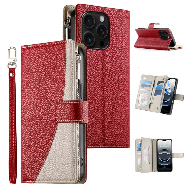 

For iPhone 16 Pro Stitching Multi-card Zipper Wallet Leather Phone Case with Short Strap(Red)