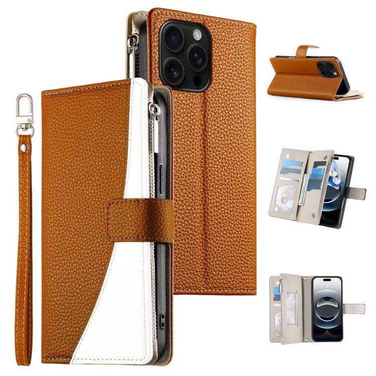

For iPhone 16 Pro Max Stitching Multi-card Zipper Wallet Leather Phone Case with Short Strap(Brown)