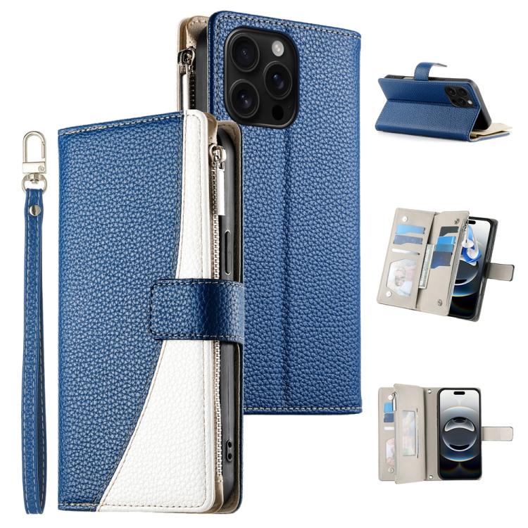 

For iPhone 16 Pro Max Stitching Multi-card Zipper Wallet Leather Phone Case with Short Strap(Dark Blue)