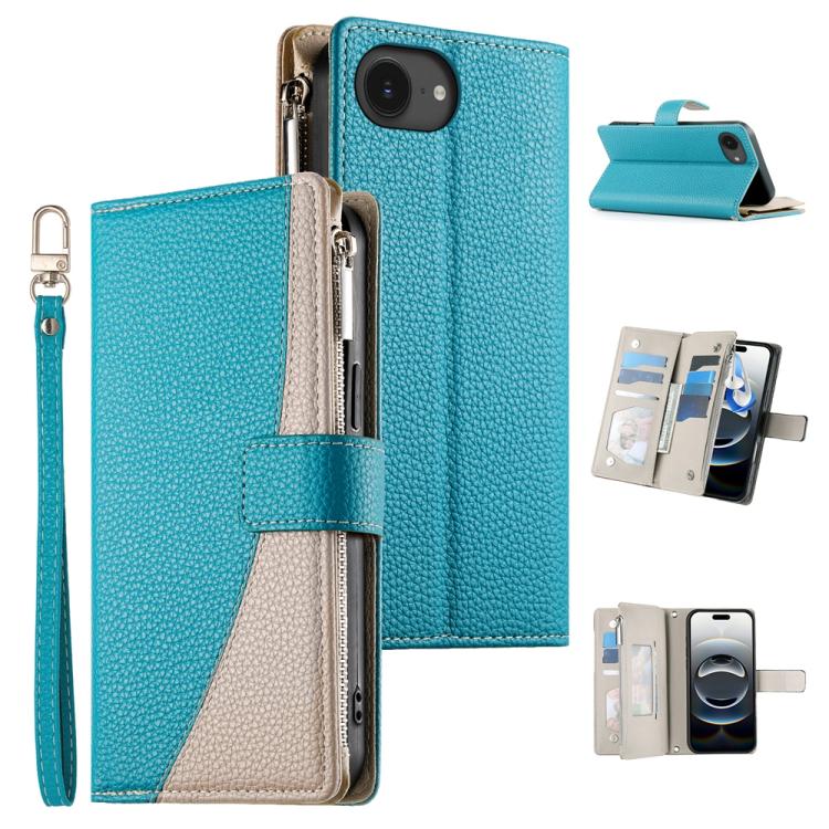 

For iPhone 16e Stitching Multi-card Zipper Wallet Leather Phone Case with Short Strap(Blue)
