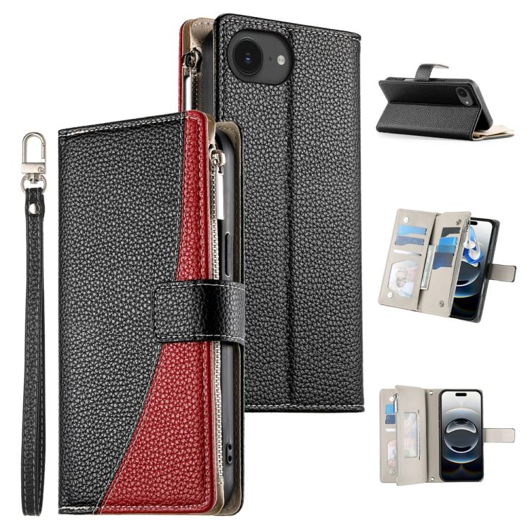

For iPhone 16e Stitching Multi-card Zipper Wallet Leather Phone Case with Short Strap(Black)