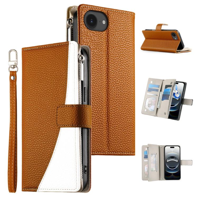 

For iPhone 16e Stitching Multi-card Zipper Wallet Leather Phone Case with Short Strap(Brown)