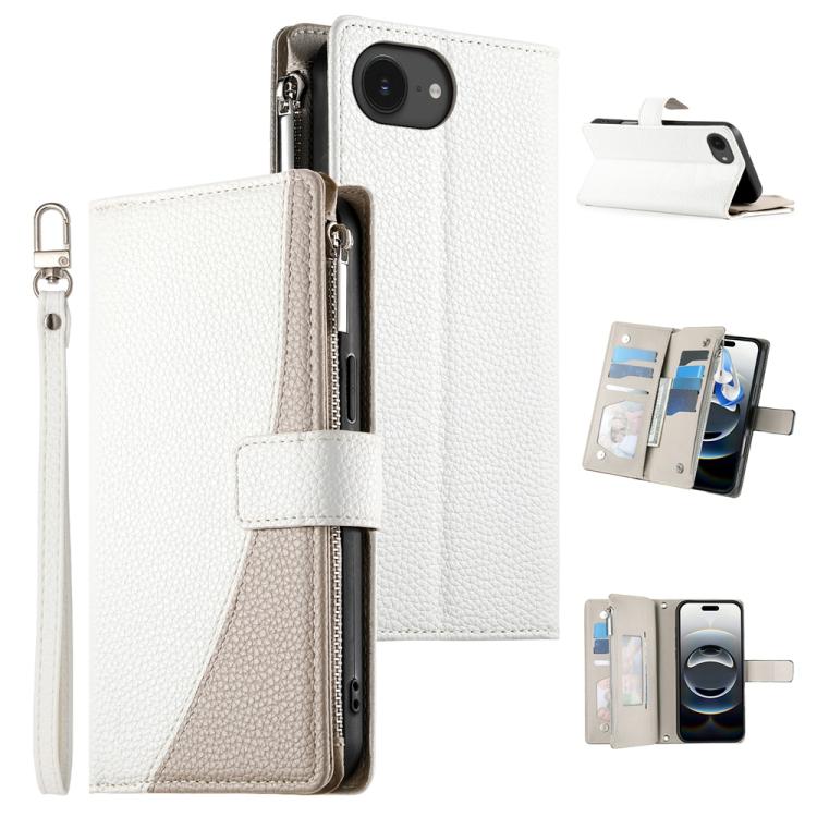 

For iPhone 16e Stitching Multi-card Zipper Wallet Leather Phone Case with Short Strap(White)