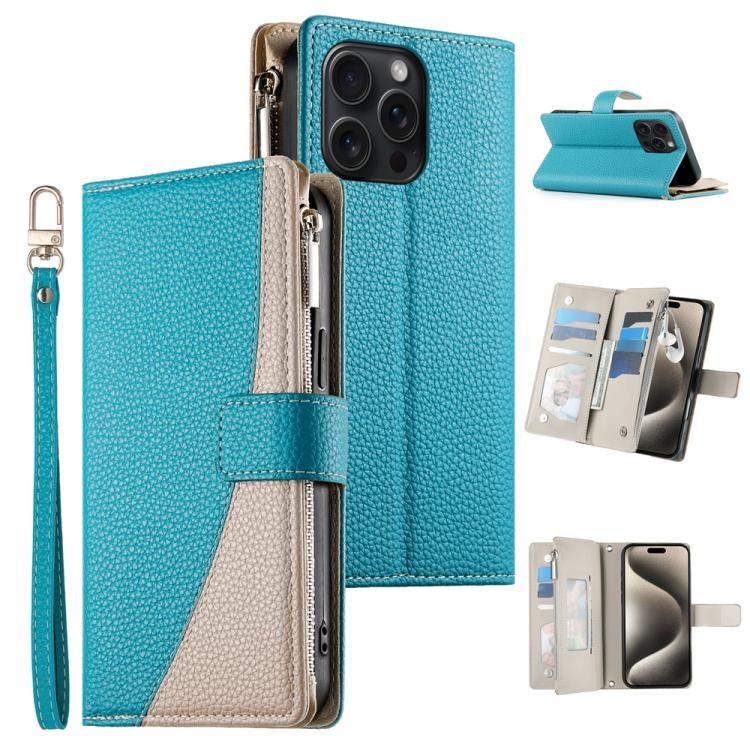 

For iPhone 15 Pro Max Stitching Multi-card Zipper Wallet Leather Phone Case with Short Strap(Blue)