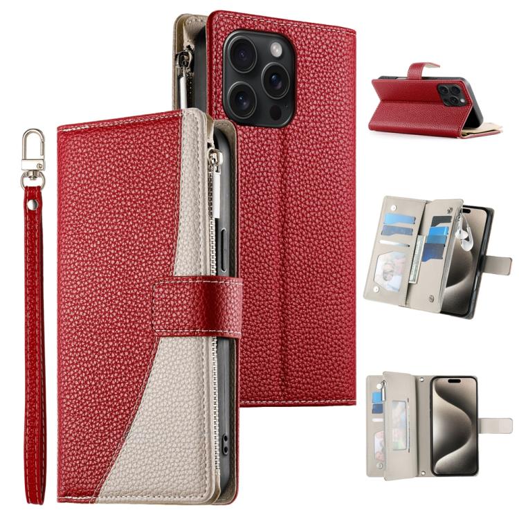 

For iPhone 15 Pro Max Stitching Multi-card Zipper Wallet Leather Phone Case with Short Strap(Red)