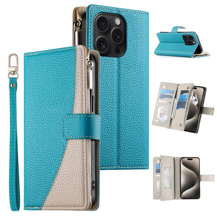 

For iPhone 15 Pro Stitching Multi-card Zipper Wallet Leather Phone Case with Short Strap(Blue)