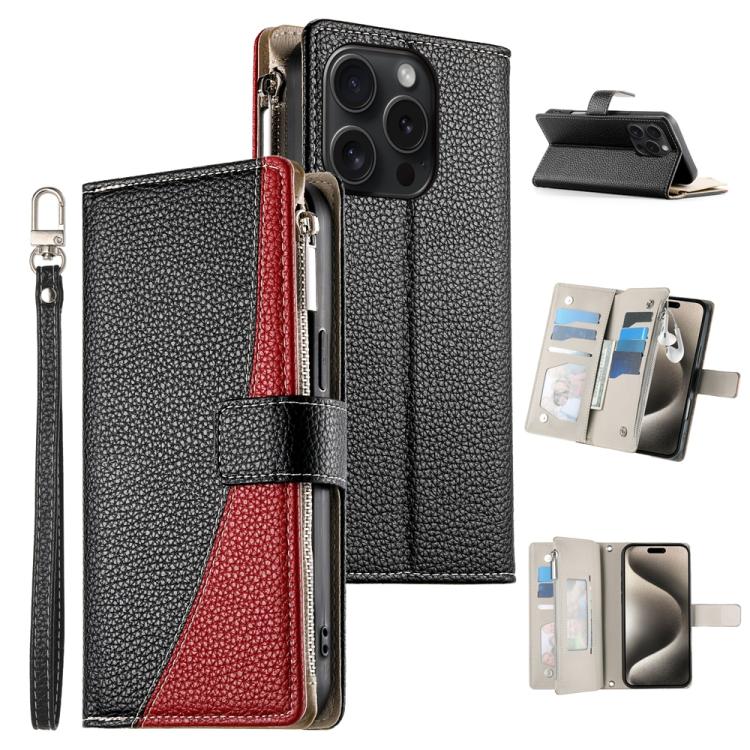 

For iPhone 15 Pro Stitching Multi-card Zipper Wallet Leather Phone Case with Short Strap(Black)