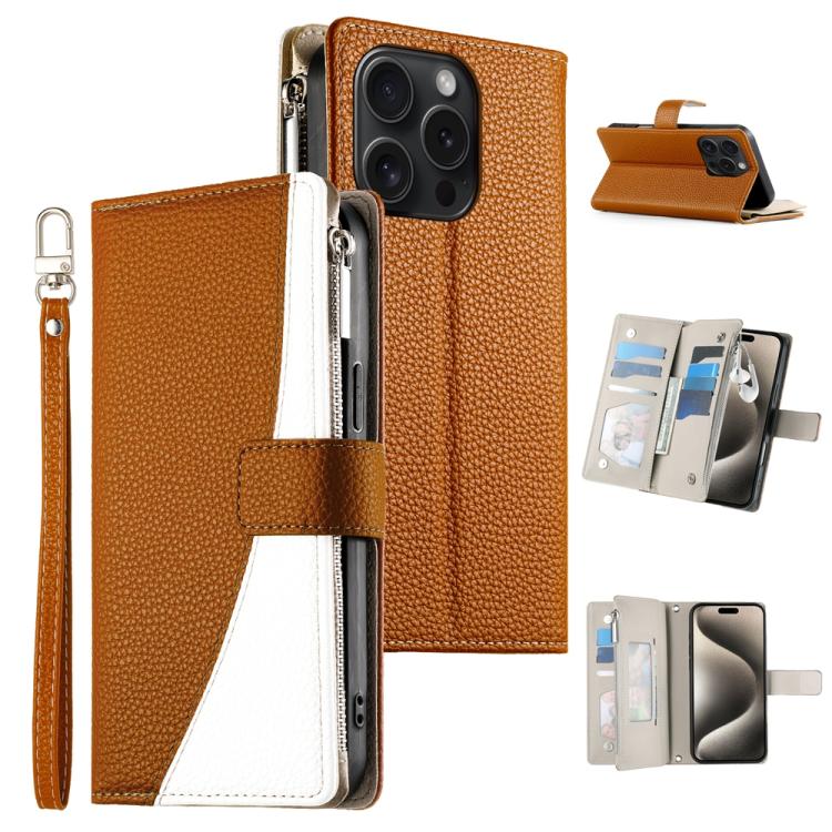 

For iPhone 15 Pro Stitching Multi-card Zipper Wallet Leather Phone Case with Short Strap(Brown)