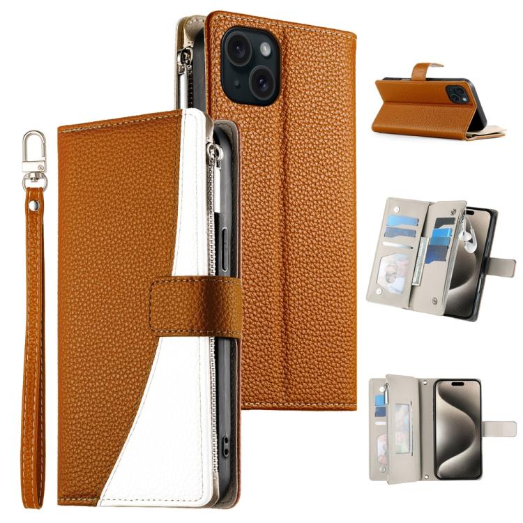 

For iPhone 15 Plus Stitching Multi-card Zipper Wallet Leather Phone Case with Short Strap(Brown)