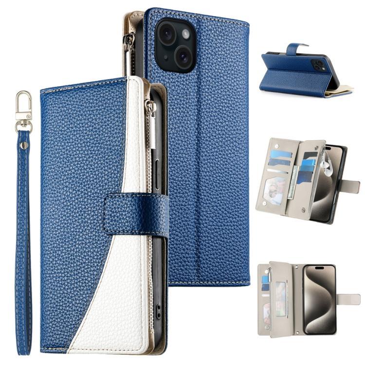 

For iPhone 15 Plus Stitching Multi-card Zipper Wallet Leather Phone Case with Short Strap(Dark Blue)