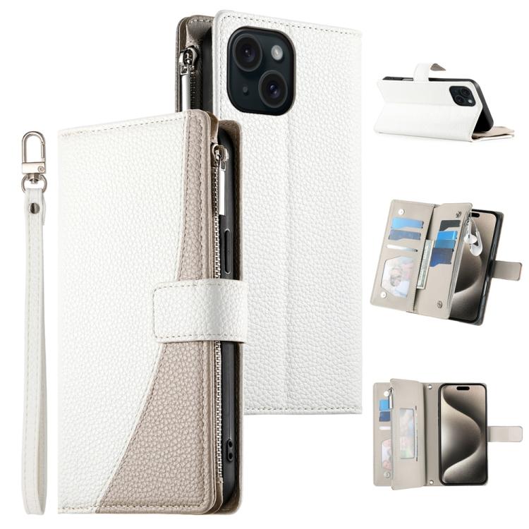 

For iPhone 15 Stitching Multi-card Zipper Wallet Leather Phone Case with Short Strap(White)