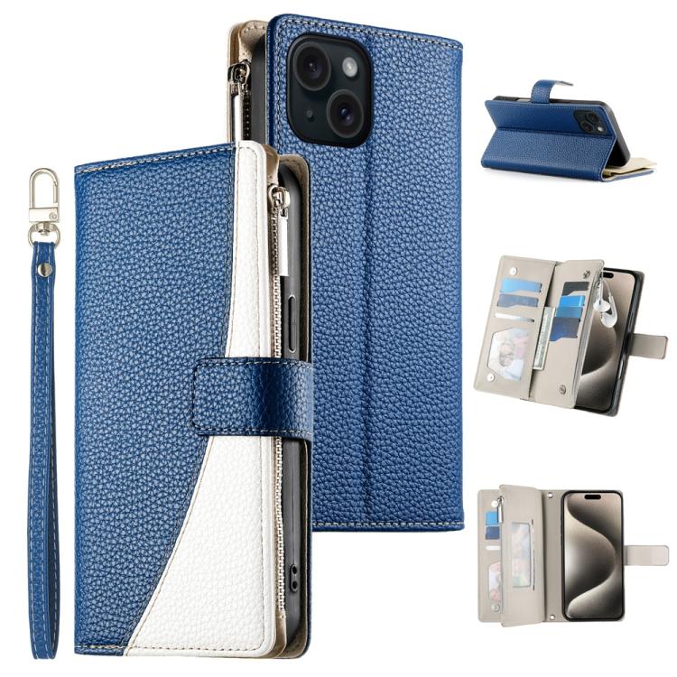 

For iPhone 15 Stitching Multi-card Zipper Wallet Leather Phone Case with Short Strap(Dark Blue)