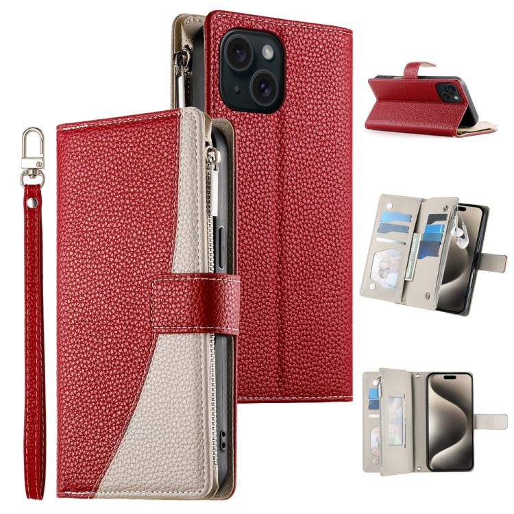

For iPhone 15 Stitching Multi-card Zipper Wallet Leather Phone Case with Short Strap(Red)