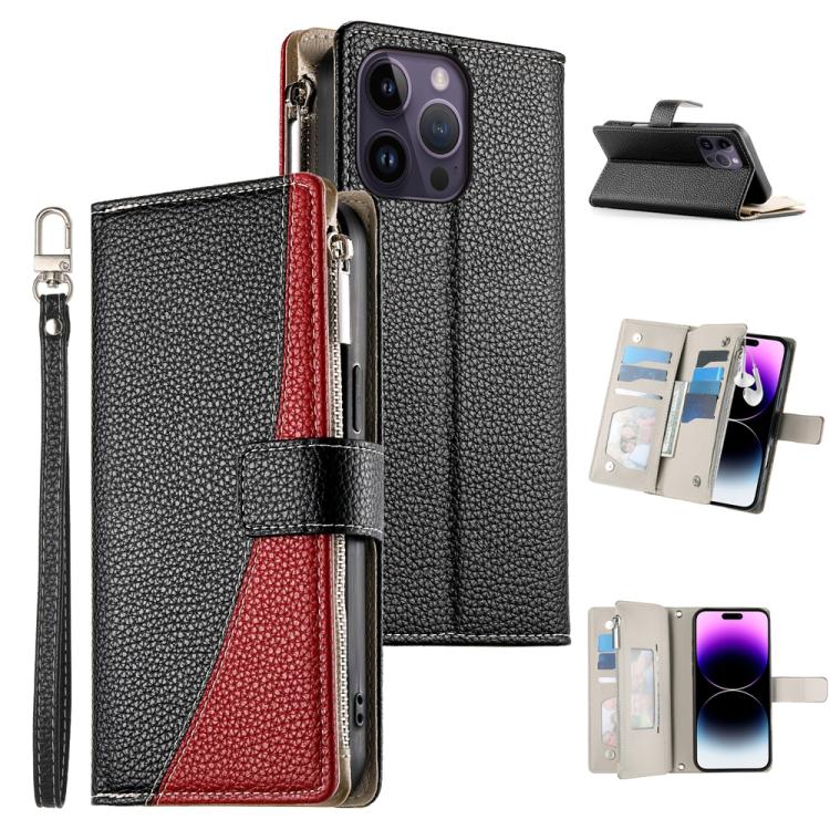 

For iPhone 14 Pro Max Stitching Multi-card Zipper Wallet Leather Phone Case with Short Strap(Black)