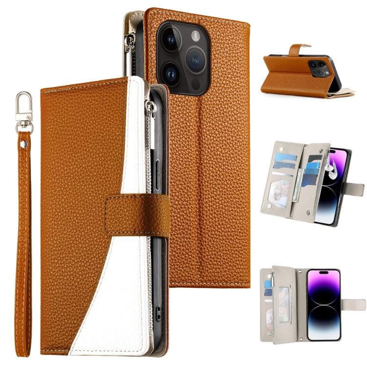 

For iPhone 14 Pro Stitching Multi-card Zipper Wallet Leather Phone Case with Short Strap(Brown)