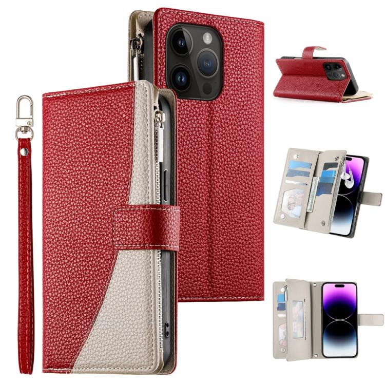 

For iPhone 14 Pro Stitching Multi-card Zipper Wallet Leather Phone Case with Short Strap(Red)