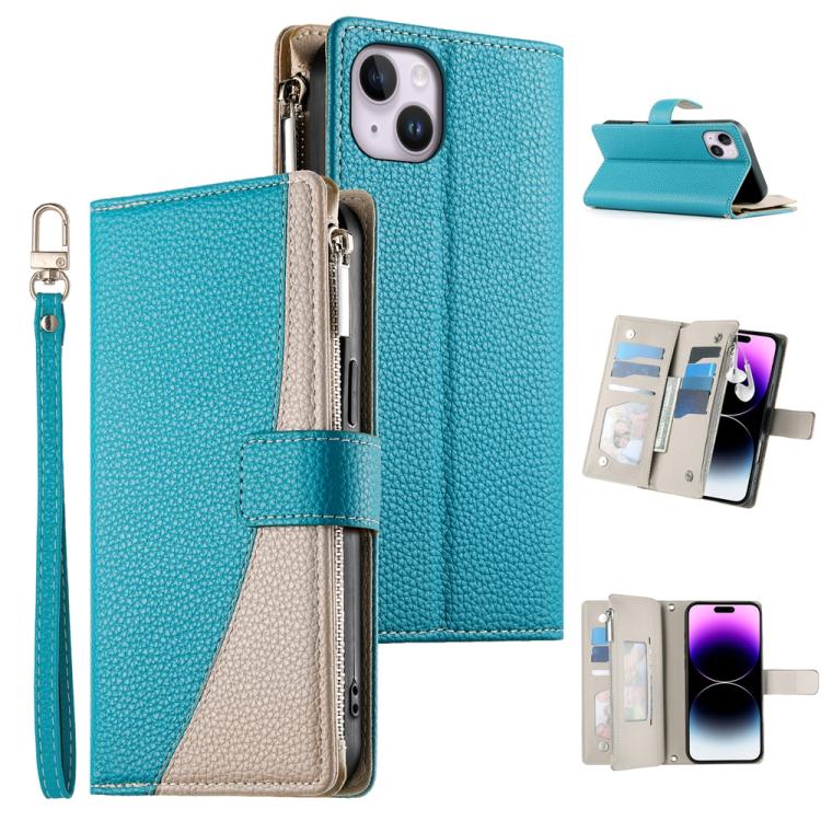 

For iPhone 14 Plus Stitching Multi-card Zipper Wallet Leather Phone Case with Short Strap(Blue)