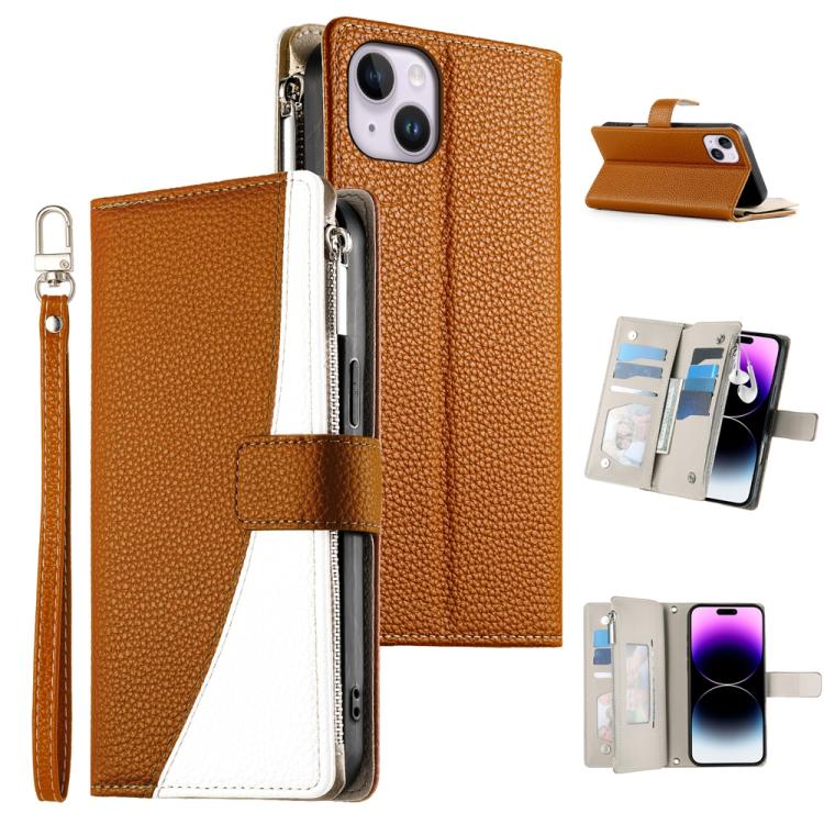 

For iPhone 14 Plus Stitching Multi-card Zipper Wallet Leather Phone Case with Short Strap(Brown)
