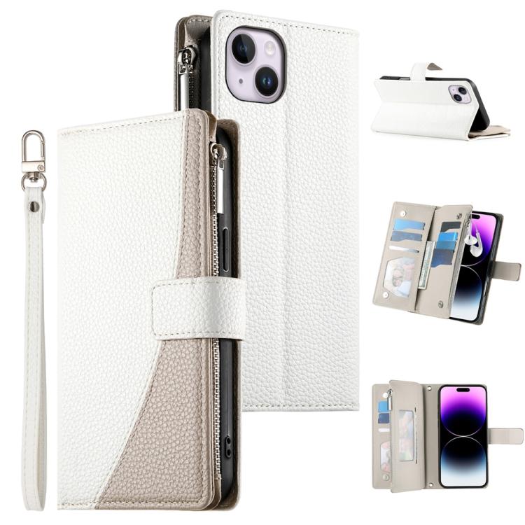 

For iPhone 14 Plus Stitching Multi-card Zipper Wallet Leather Phone Case with Short Strap(White)