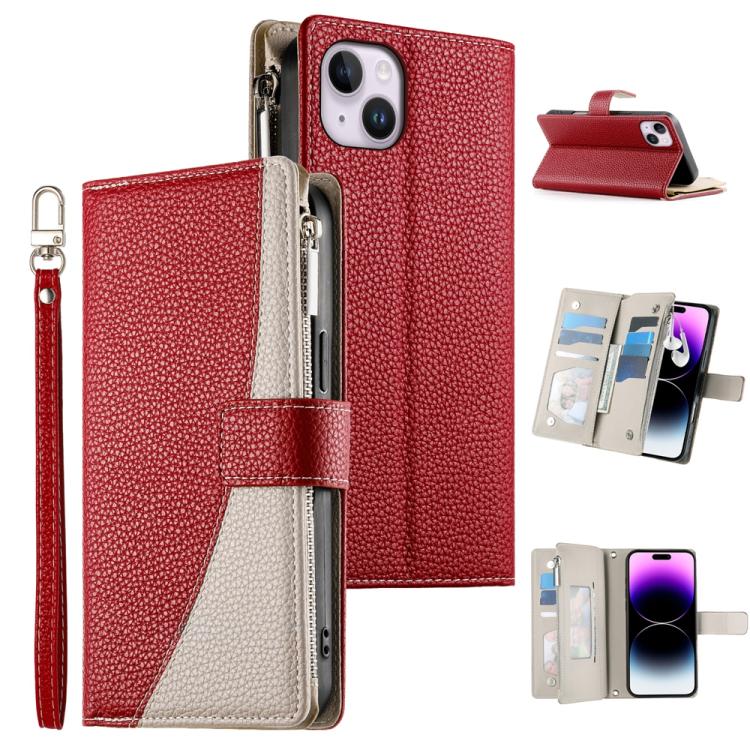 

For iPhone 14 Plus Stitching Multi-card Zipper Wallet Leather Phone Case with Short Strap(Red)