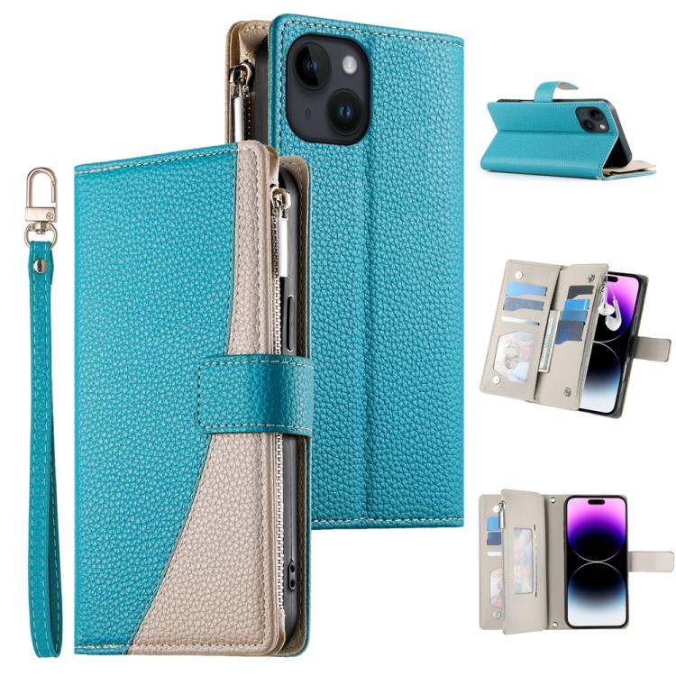 

For iPhone 14 / 13 Stitching Multi-card Zipper Wallet Leather Phone Case with Short Strap(Blue)