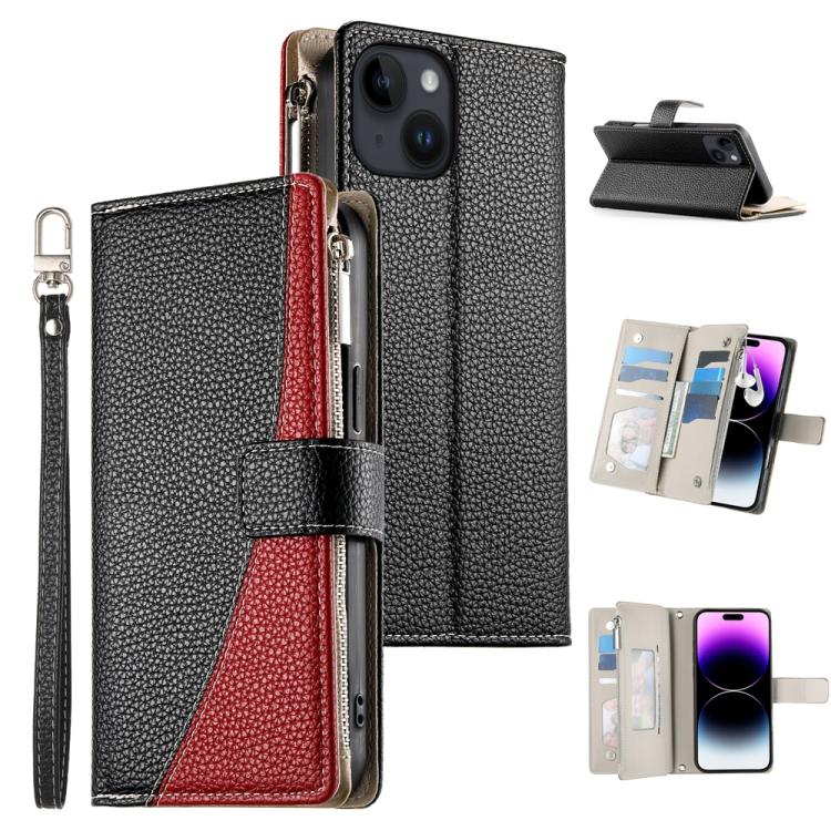 

For iPhone 14 / 13 Stitching Multi-card Zipper Wallet Leather Phone Case with Short Strap(Black)