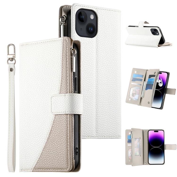 

For iPhone 14 / 13 Stitching Multi-card Zipper Wallet Leather Phone Case with Short Strap(White)