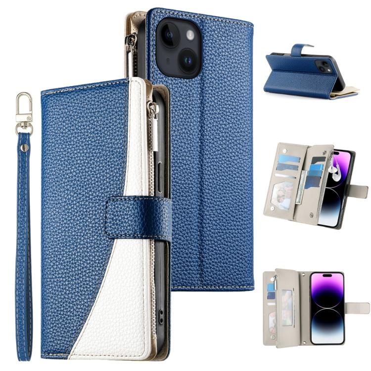 

For iPhone 14 / 13 Stitching Multi-card Zipper Wallet Leather Phone Case with Short Strap(Dark Blue)