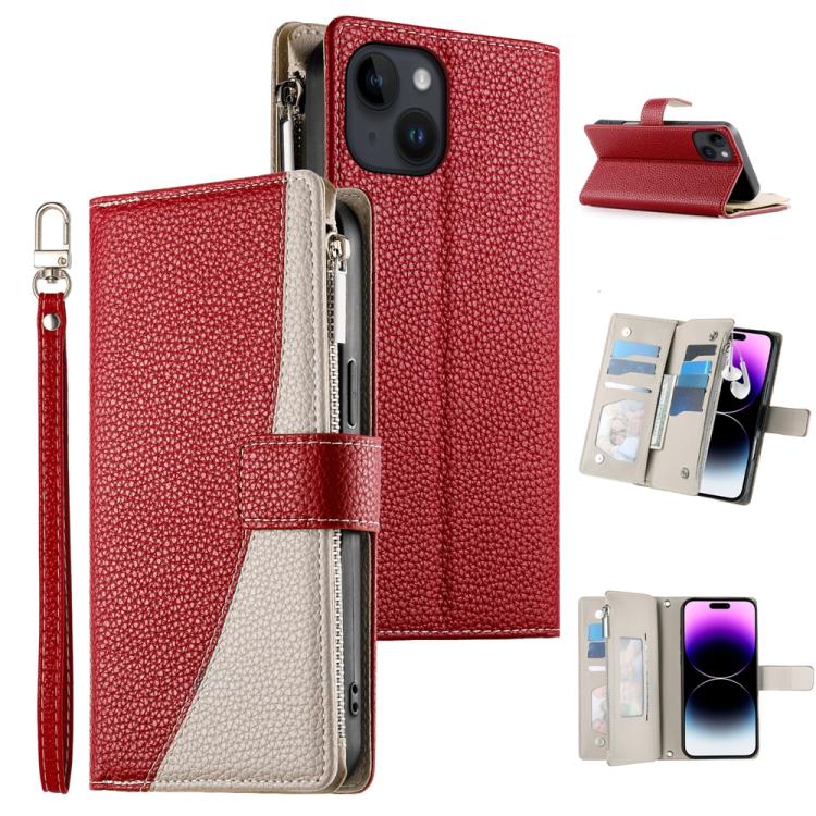 

For iPhone 14 / 13 Stitching Multi-card Zipper Wallet Leather Phone Case with Short Strap(Red)
