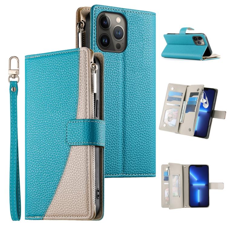 

For iPhone 13 Pro Max Stitching Multi-card Zipper Wallet Leather Phone Case with Short Strap(Blue)