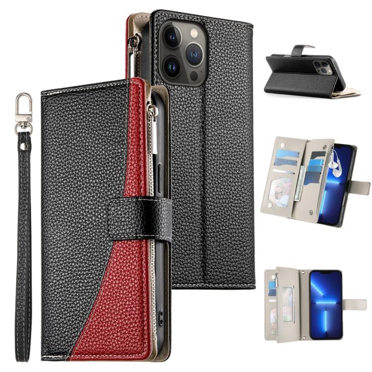 

For iPhone 13 Pro Max Stitching Multi-card Zipper Wallet Leather Phone Case with Short Strap(Black)