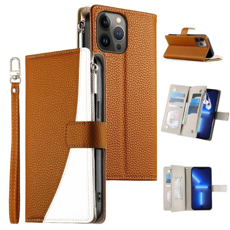 

For iPhone 13 Pro Max Stitching Multi-card Zipper Wallet Leather Phone Case with Short Strap(Brown)