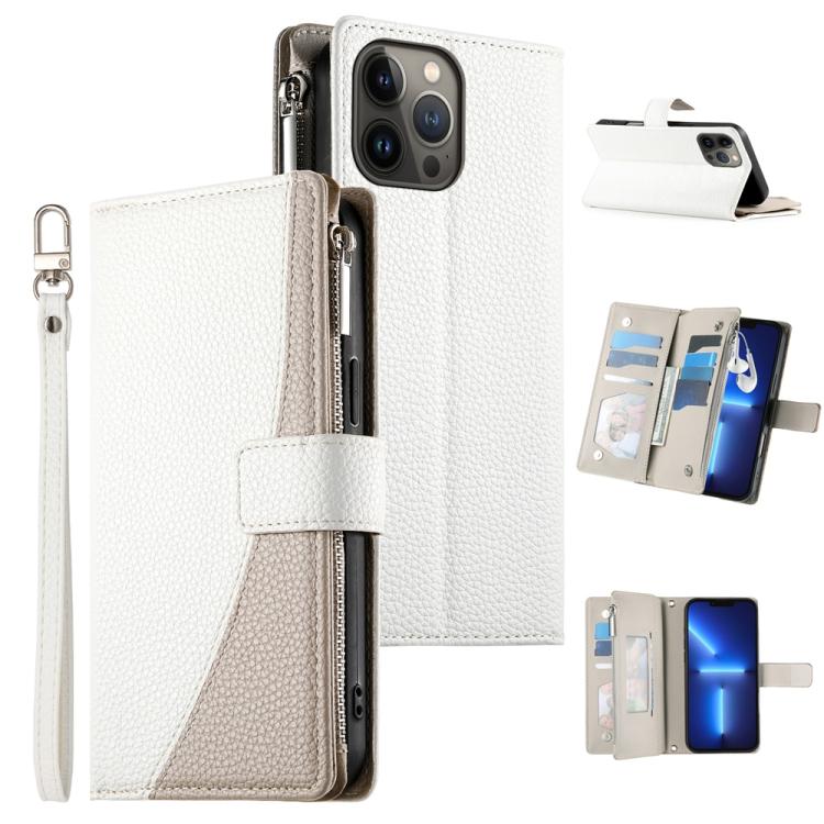 

For iPhone 13 Pro Max Stitching Multi-card Zipper Wallet Leather Phone Case with Short Strap(White)