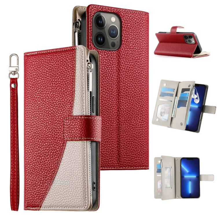 

For iPhone 13 Pro Max Stitching Multi-card Zipper Wallet Leather Phone Case with Short Strap(Red)