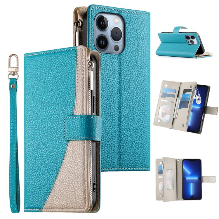 

For iPhone 13 Pro Stitching Multi-card Zipper Wallet Leather Phone Case with Short Strap(Blue)