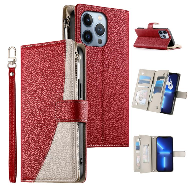 

For iPhone 13 Pro Stitching Multi-card Zipper Wallet Leather Phone Case with Short Strap(Red)