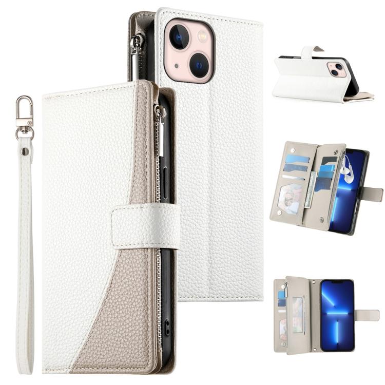 

For iPhone 13 mini Stitching Multi-card Zipper Wallet Leather Phone Case with Short Strap(White)