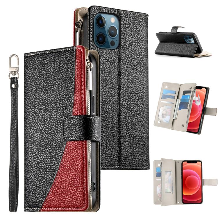 

For iPhone 12 Pro Max Stitching Multi-card Zipper Wallet Leather Phone Case with Short Strap(Black)