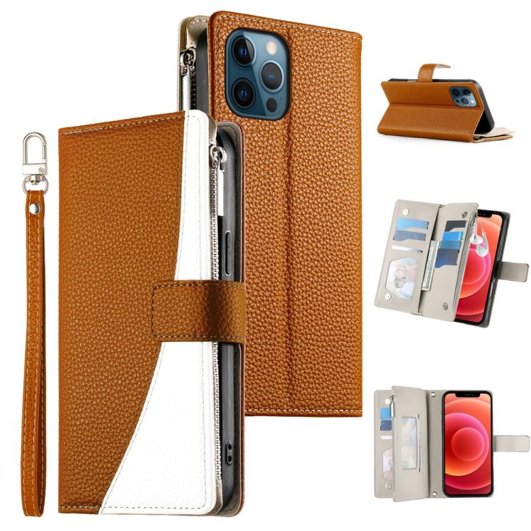 

For iPhone 12 Pro Max Stitching Multi-card Zipper Wallet Leather Phone Case with Short Strap(Brown)