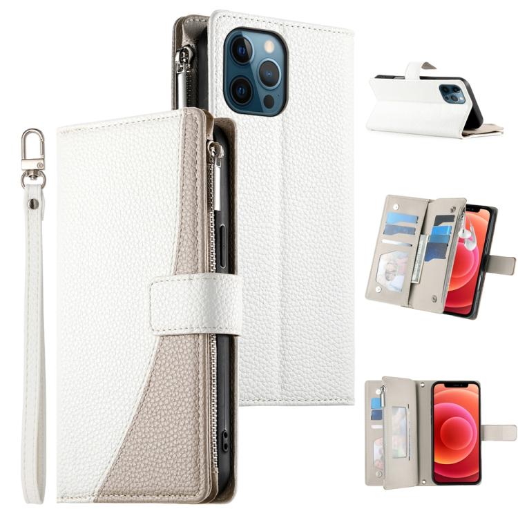 

For iPhone 12 Pro Max Stitching Multi-card Zipper Wallet Leather Phone Case with Short Strap(White)