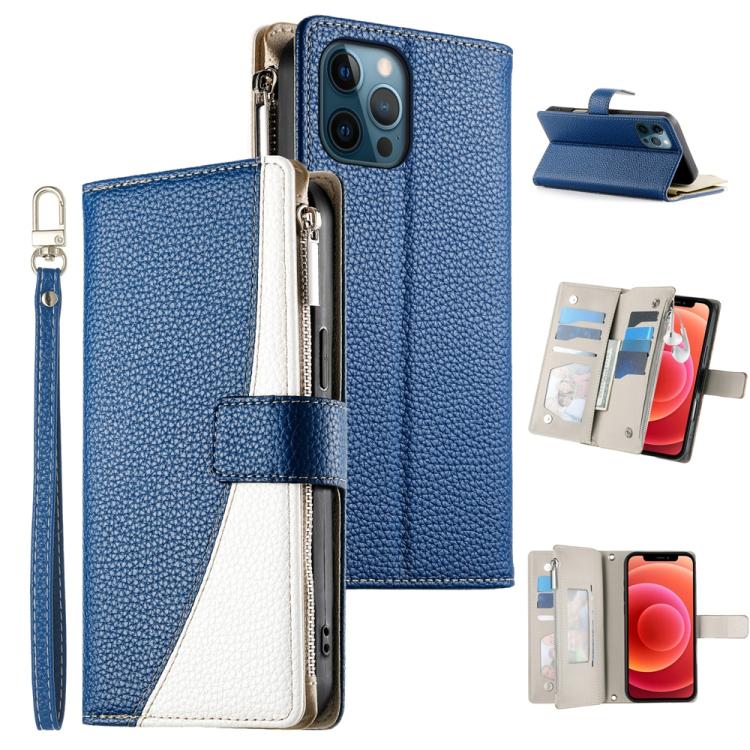 

For iPhone 12 Pro Max Stitching Multi-card Zipper Wallet Leather Phone Case with Short Strap(Dark Blue)