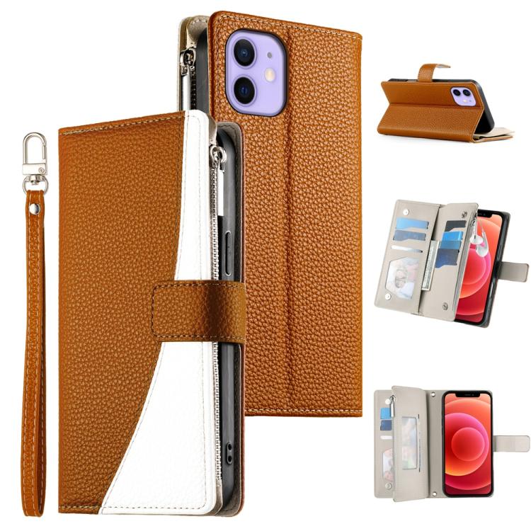 

For iPhone 12 / 12 Pro Stitching Multi-card Zipper Wallet Leather Phone Case with Short Strap(Brown)