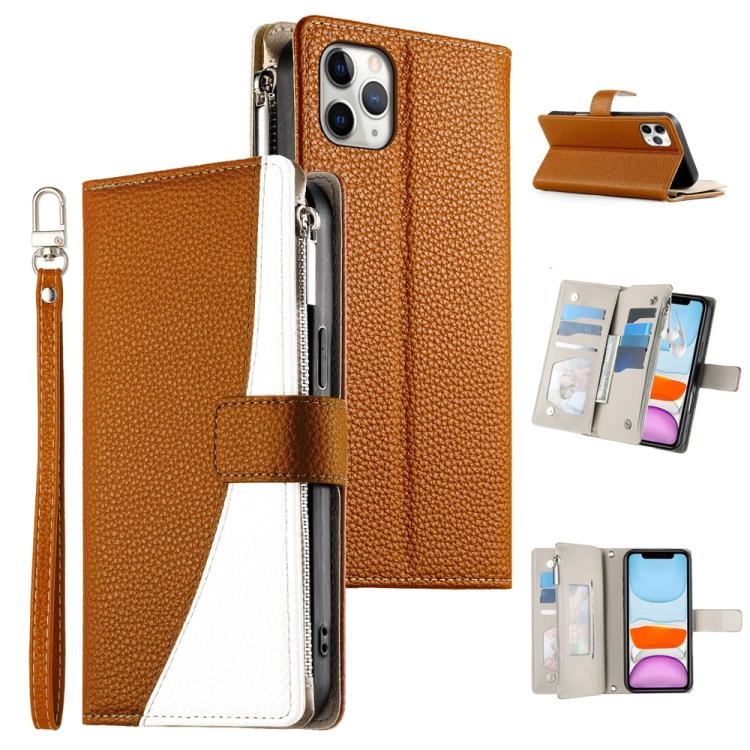 

For iPhone 11 Pro Max Stitching Multi-card Zipper Wallet Leather Phone Case with Short Strap(Brown)