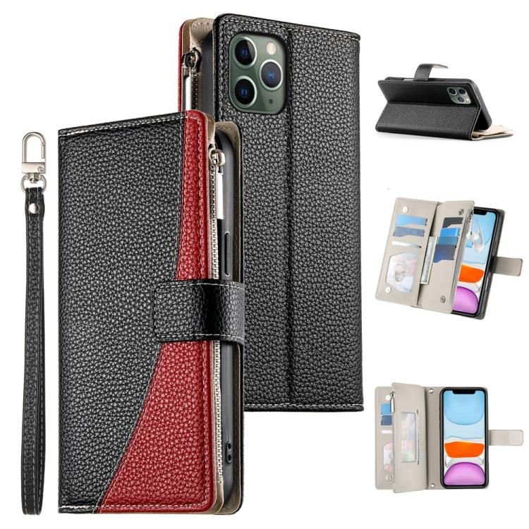 

For iPhone 11 Pro Stitching Multi-card Zipper Wallet Leather Phone Case with Short Strap(Black)