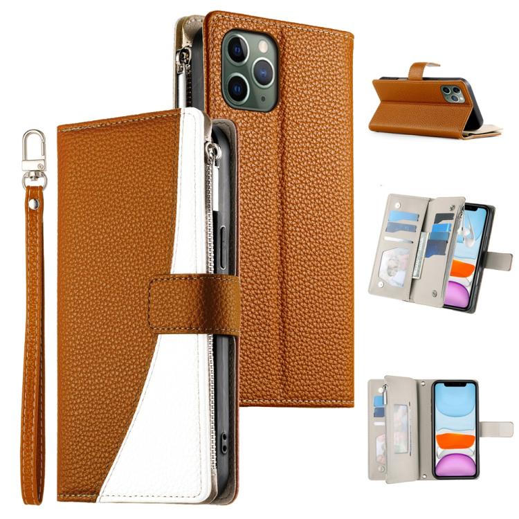 

For iPhone 11 Pro Stitching Multi-card Zipper Wallet Leather Phone Case with Short Strap(Brown)