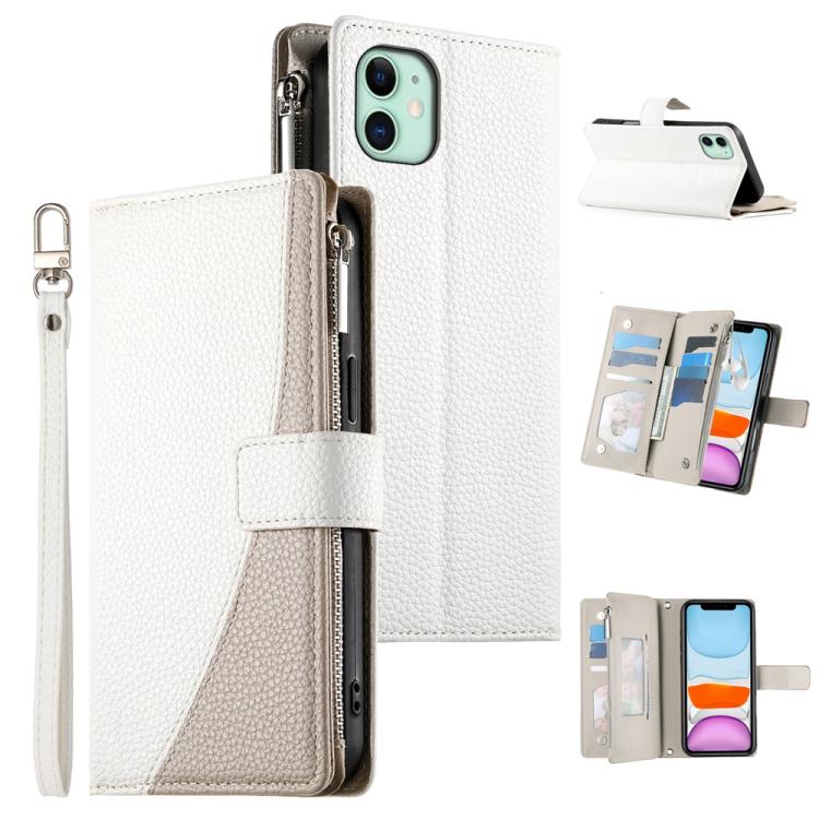 

For iPhone 11 Stitching Multi-card Zipper Wallet Leather Phone Case with Short Strap(White)